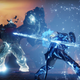 A Destiny warrior uses a blue energy staff to fight off a large enemy.